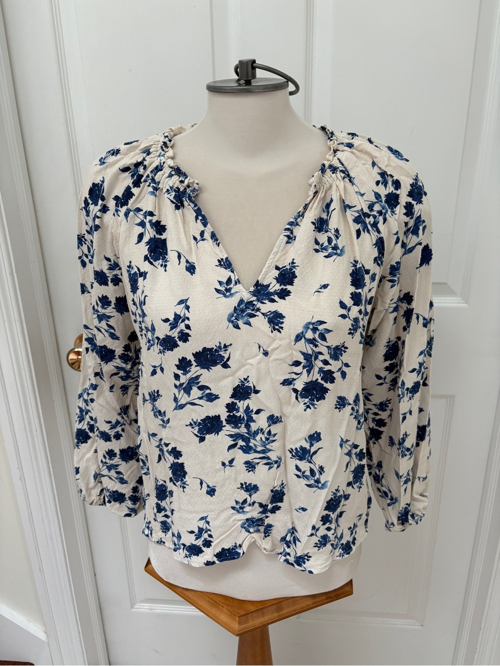 Old Navy Cream Blouse with Navy Floral Print